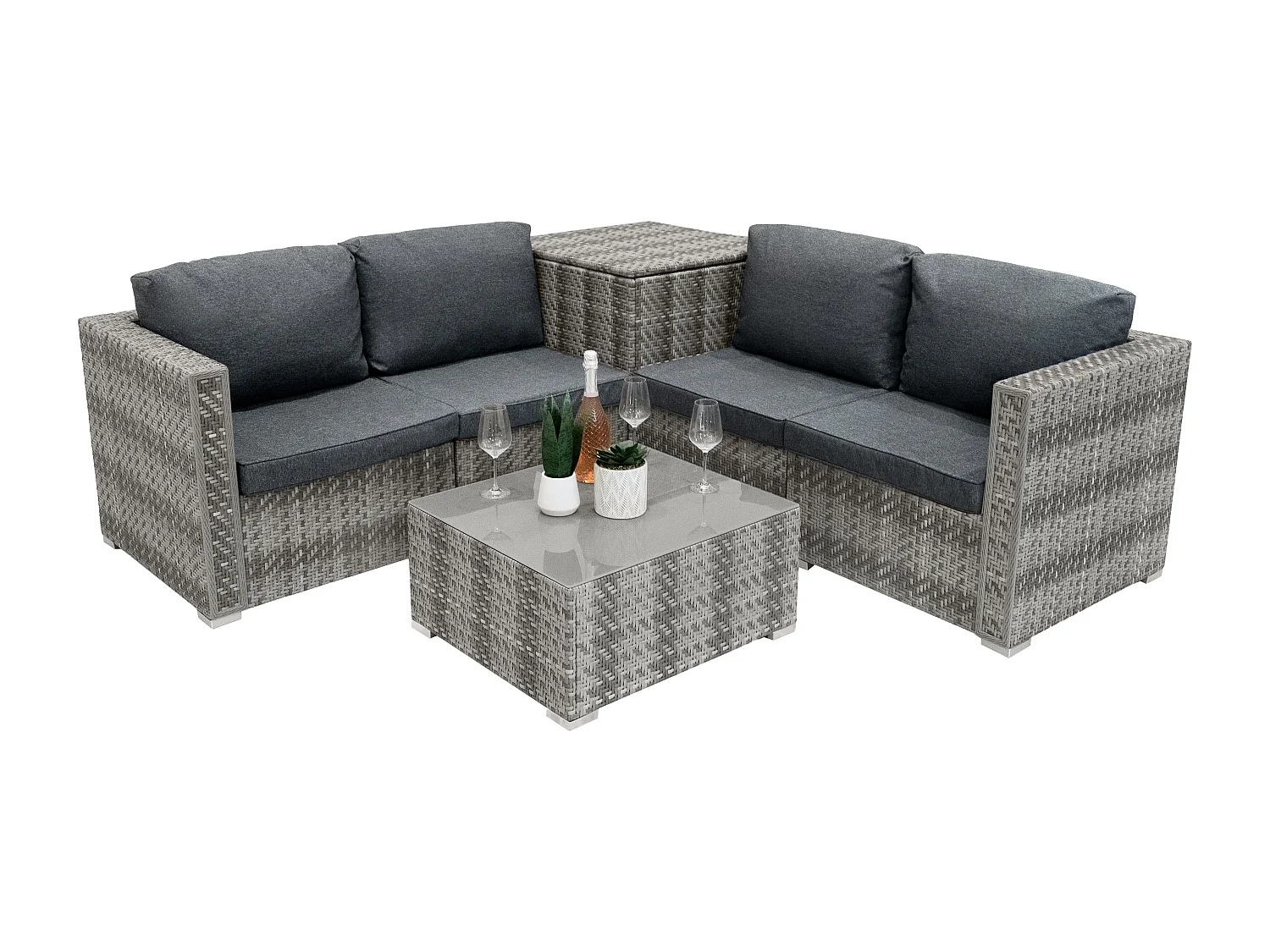 Salon de Jardin Modulaire en Rotin Gris 6 Pièces Canapé Coussins Table Basse