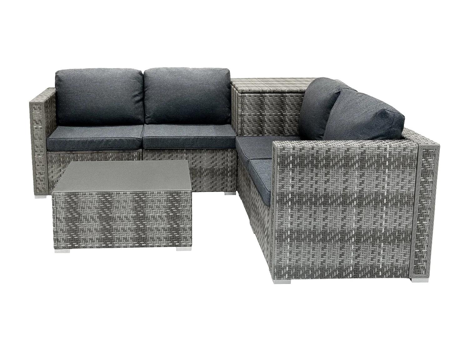 Salon de Jardin Modulaire en Rotin Gris 6 Pièces Canapé Coussins Table Basse