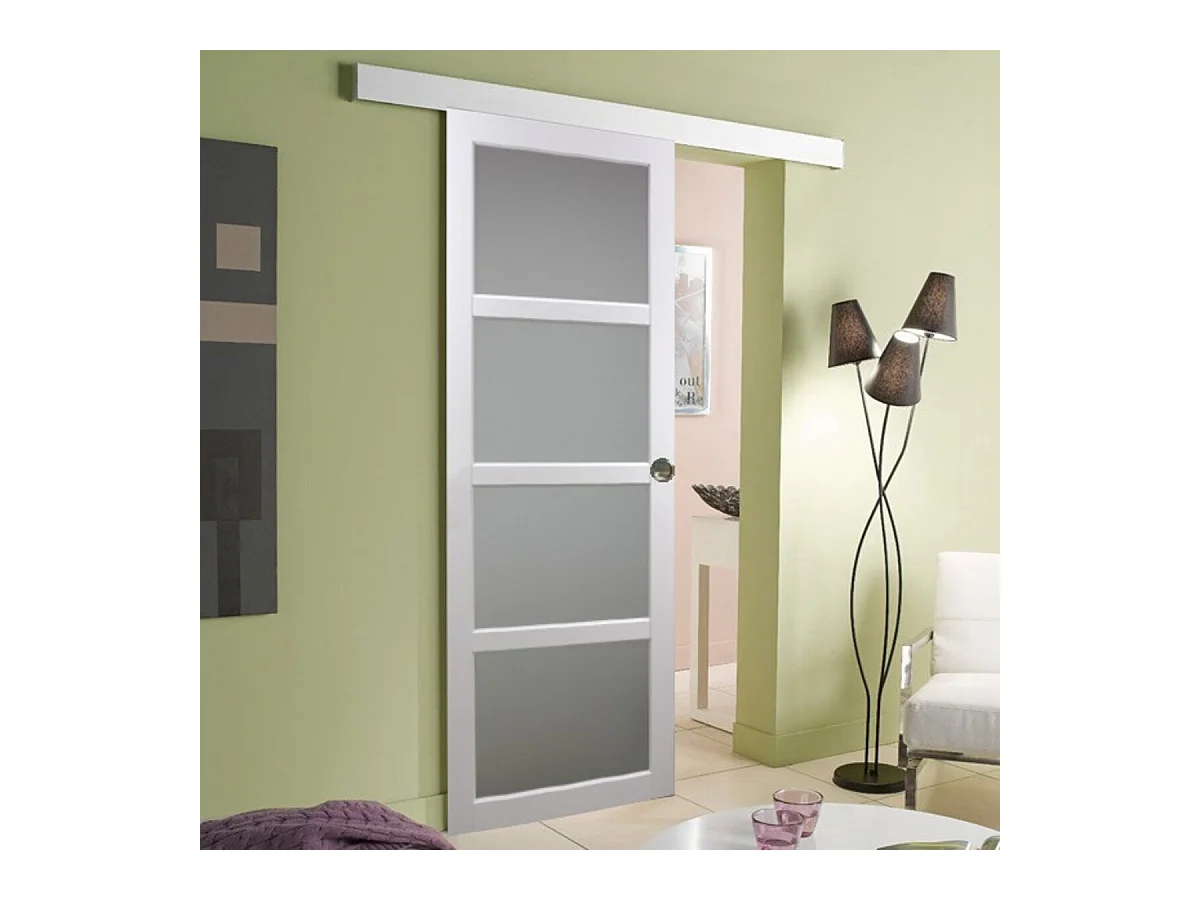 Porte Coulissante Tana Blanc Vitree H204 X L83 + Rail Alu Et Coquilles Gd Menuiseries