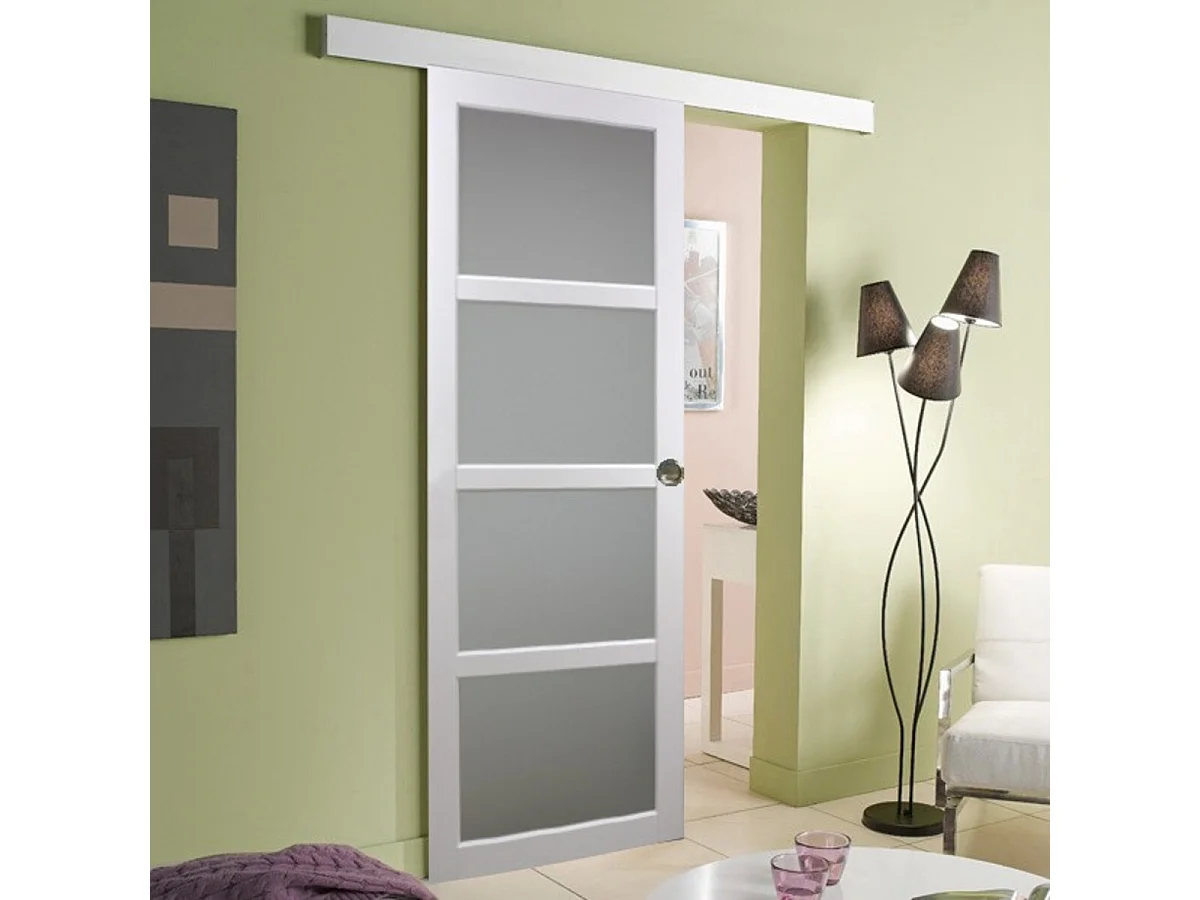Porte Coulissante Tana Blanc Vitree H204 X L83 + Rail Alu Et Coquilles Gd Menuiseries