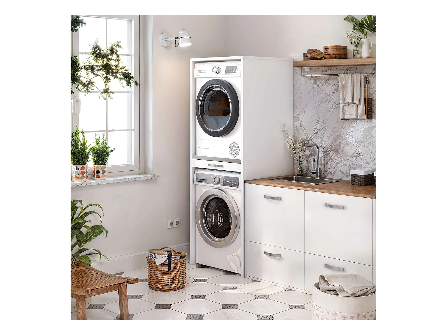 Armoire colonne pour lave-linge et sèche-linge superposés T-BATH 67,2x187,5cm blanc