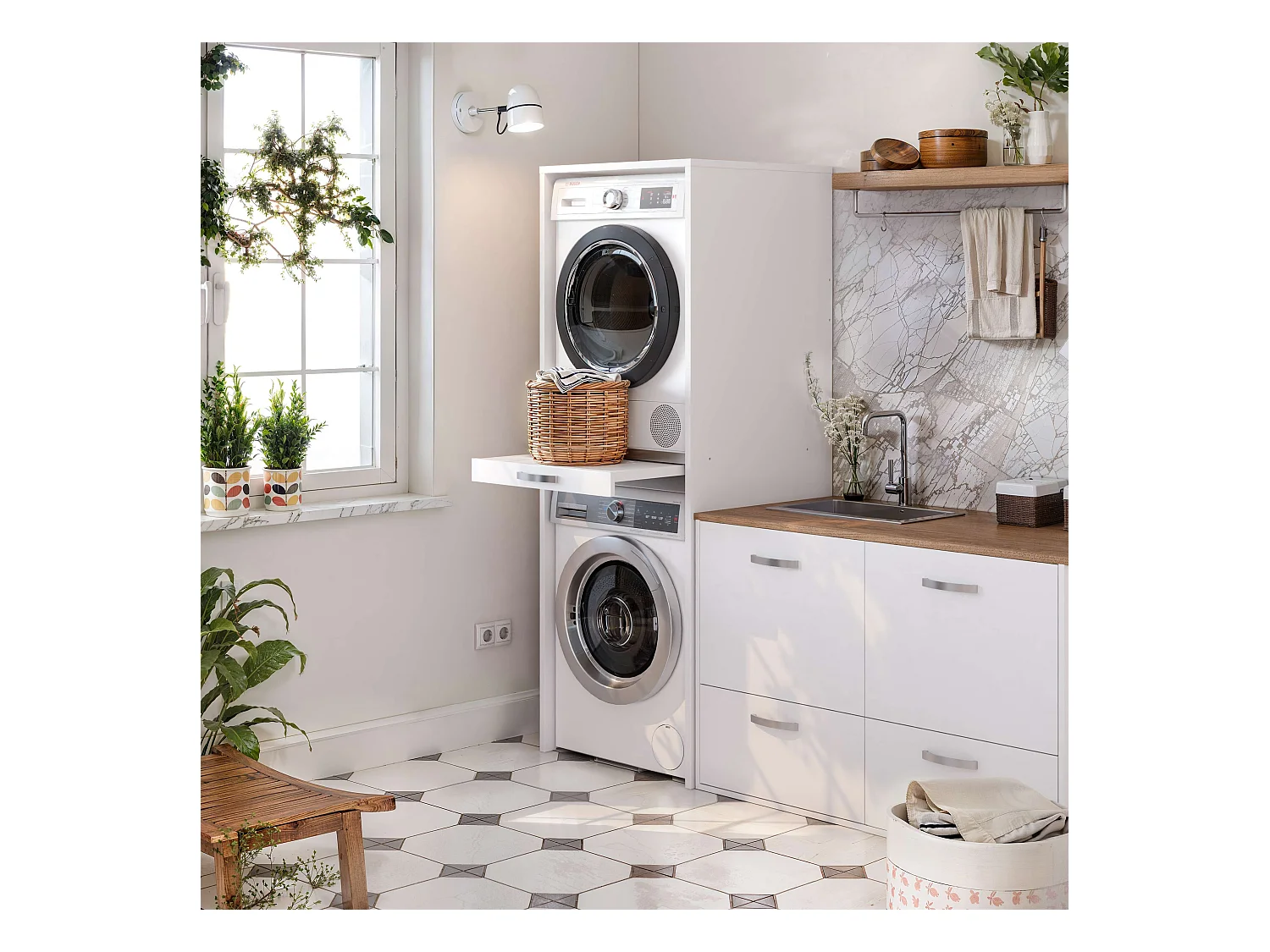 Armoire colonne pour lave-linge et sèche-linge superposés T-BATH 67,2x187,5cm blanc