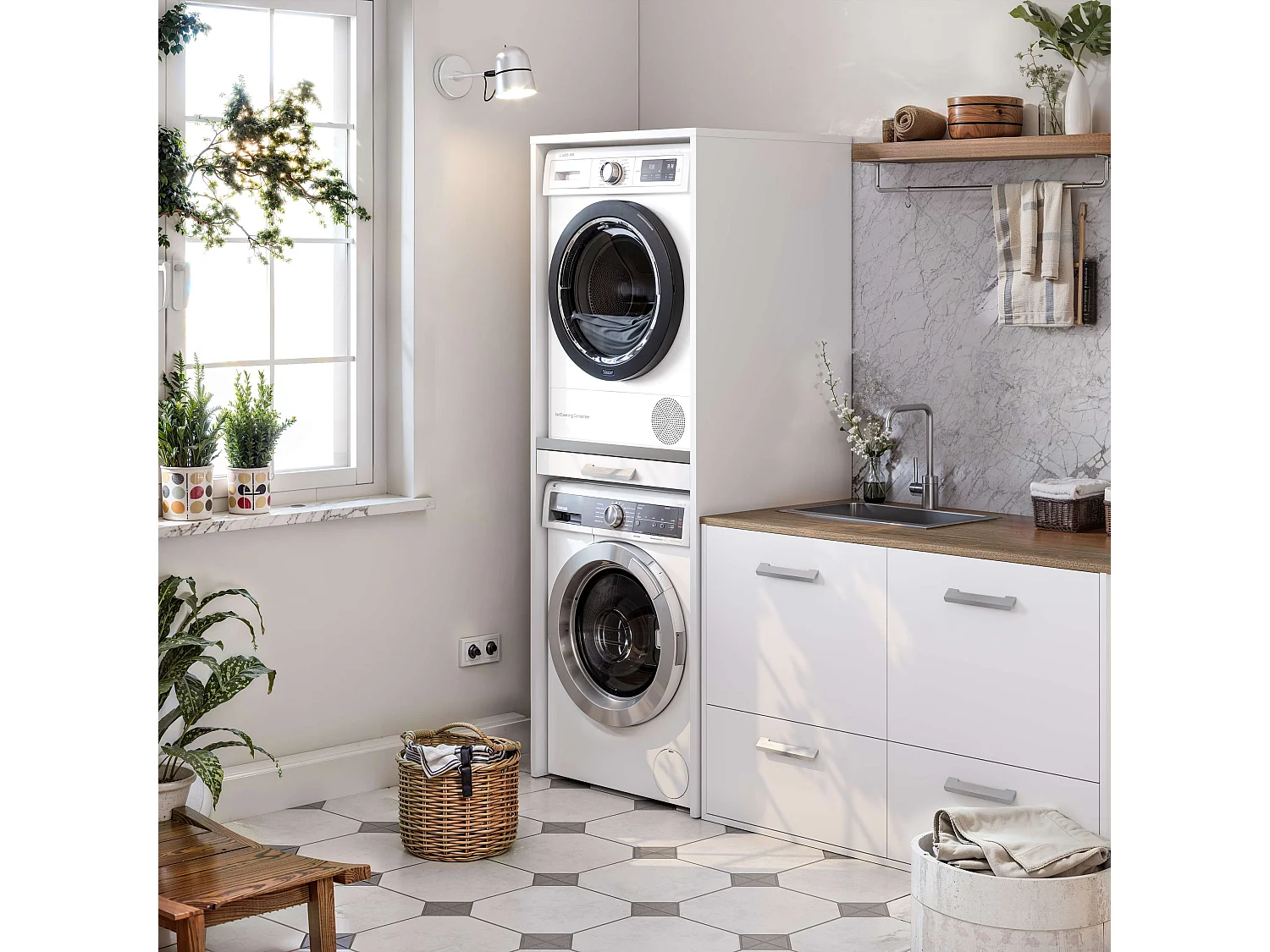 Armoire colonne pour lave-linge et sèche-linge superposés T-BATH 67,2x187,5cm blanc
