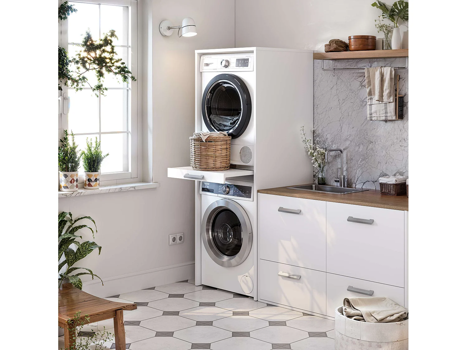 Armoire colonne pour lave-linge et sèche-linge superposés T-BATH 67,2x187,5cm blanc