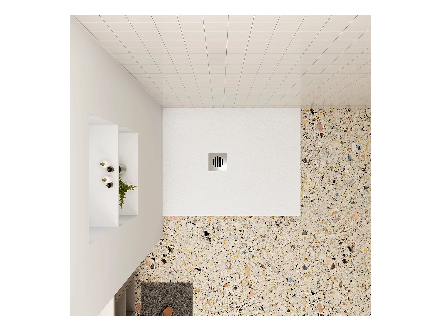 Aica 80x120x3cm witte douchebak (Slate leisteenlook), rechthoekige，gemaakt mengsel van natuursteen en hars antislip, antibacterieel, met Roestvrij Afvoerset