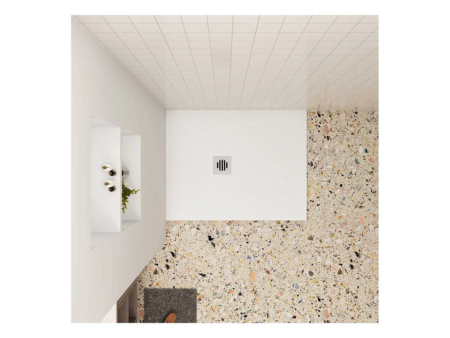 Aica 80x100x3cm witte douchebak (Slate leisteenlook), rechthoekige，gemaakt mengsel van natuursteen en hars, antislip, antibacterieel, met plastic Afvoerset