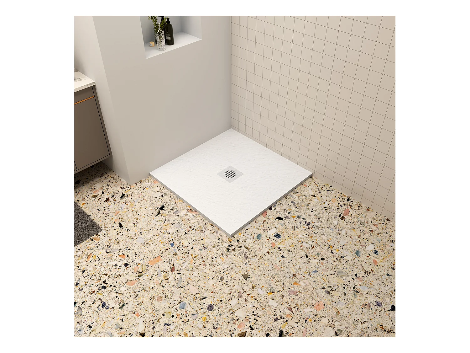Aica 90x90x3cm witte douchebak (Slate leisteenlook), vierkant，gemaakt mengsel van natuursteen en hars, antislip, antibacterieel, met plastic Afvoerset