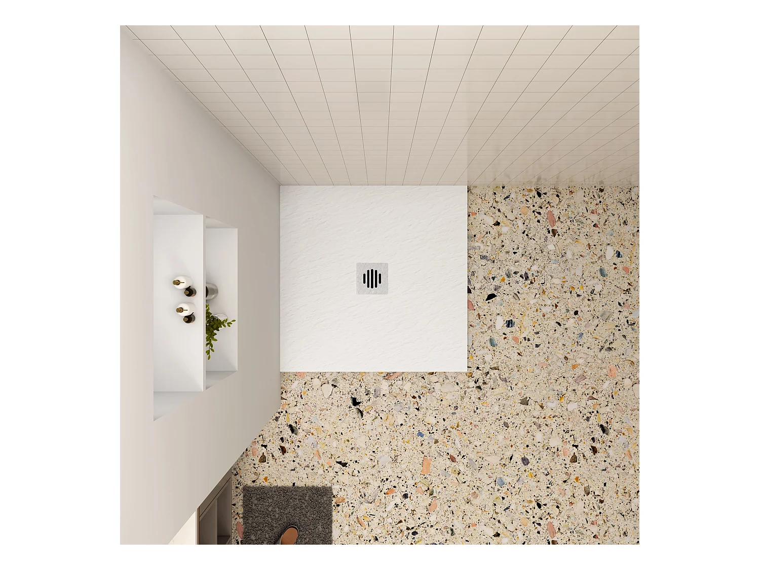 Aica 90x90x3cm witte douchebak (Slate leisteenlook), vierkant，gemaakt mengsel van natuursteen en hars, antislip, antibacterieel, met plastic Afvoerset