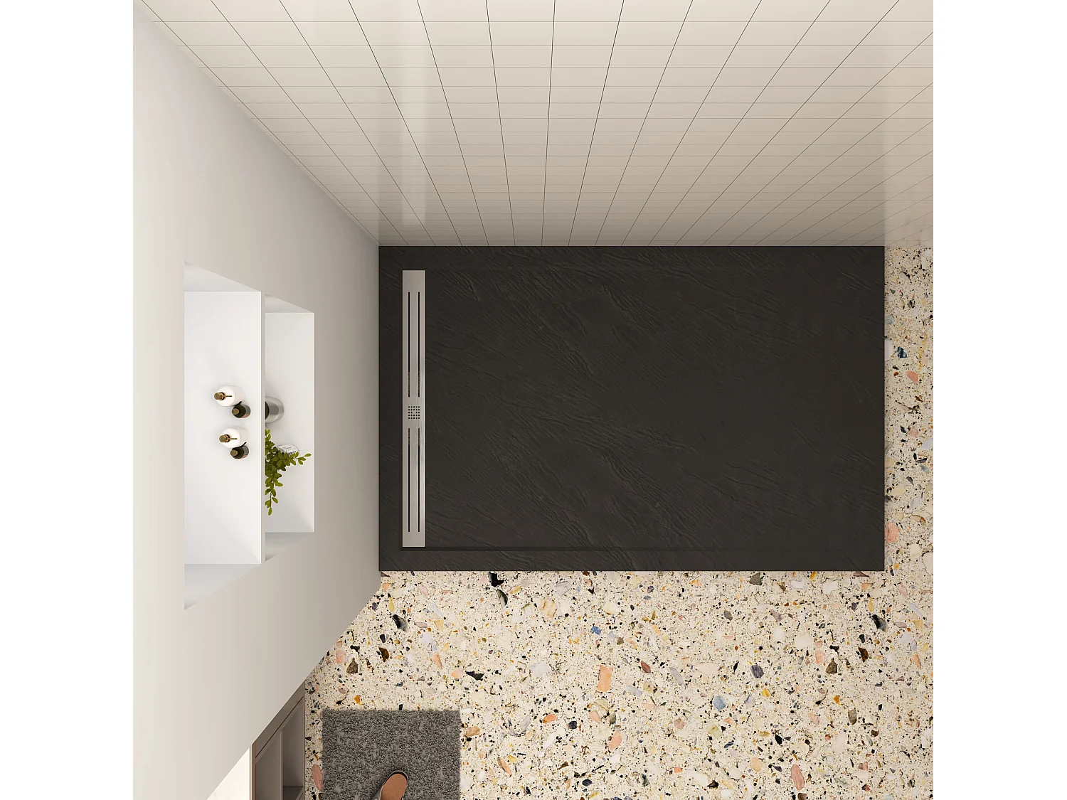 Aica 80x90x3cm zwart douchebak, rechthoek，gemaakt van een mengsel van natuursteen en hars, antislip, antibacterieel, met douchegoot rooster en afvoer