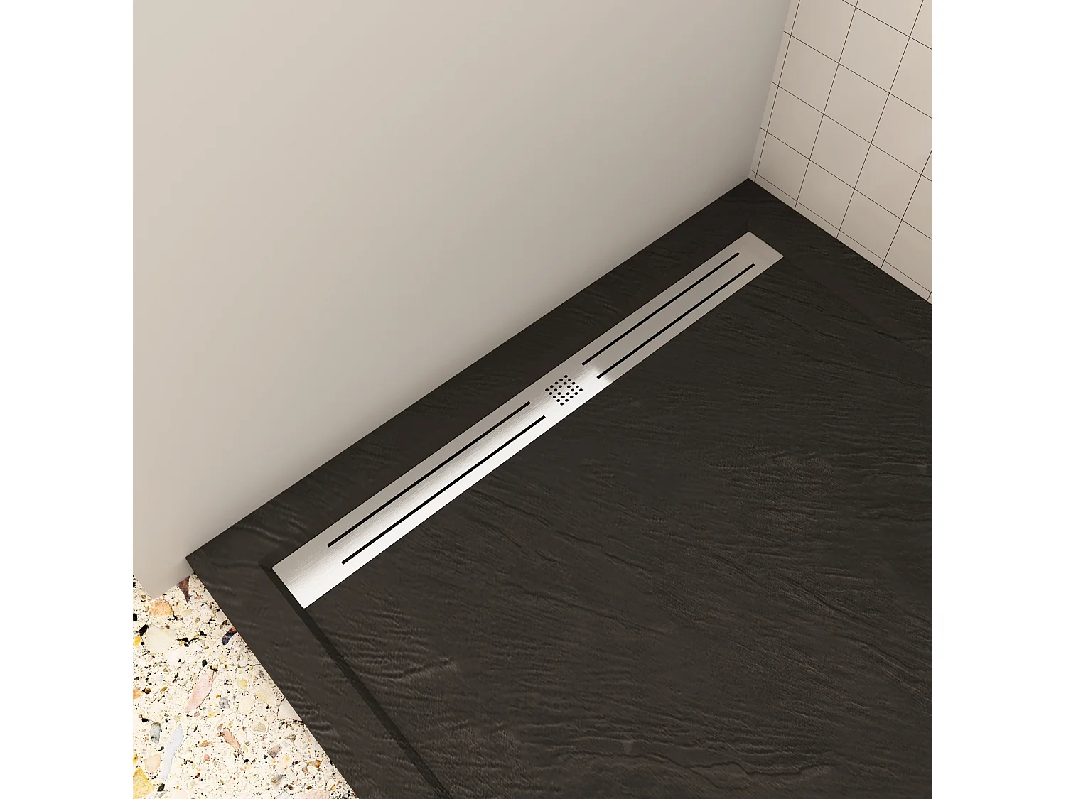 Aica 80x90x3cm zwart douchebak, rechthoek，gemaakt van een mengsel van natuursteen en hars, antislip, antibacterieel, met douchegoot rooster en afvoer