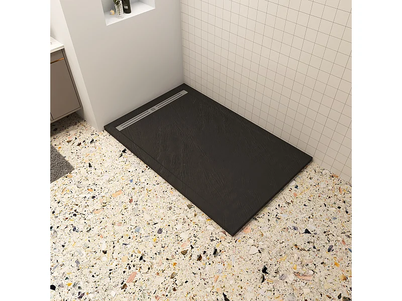 Aica 80x140x3cm zwart douchebak, rechthoek，gemaakt van een mengsel van natuursteen en hars, antislip, antibacterieel, met douchegoot rooster