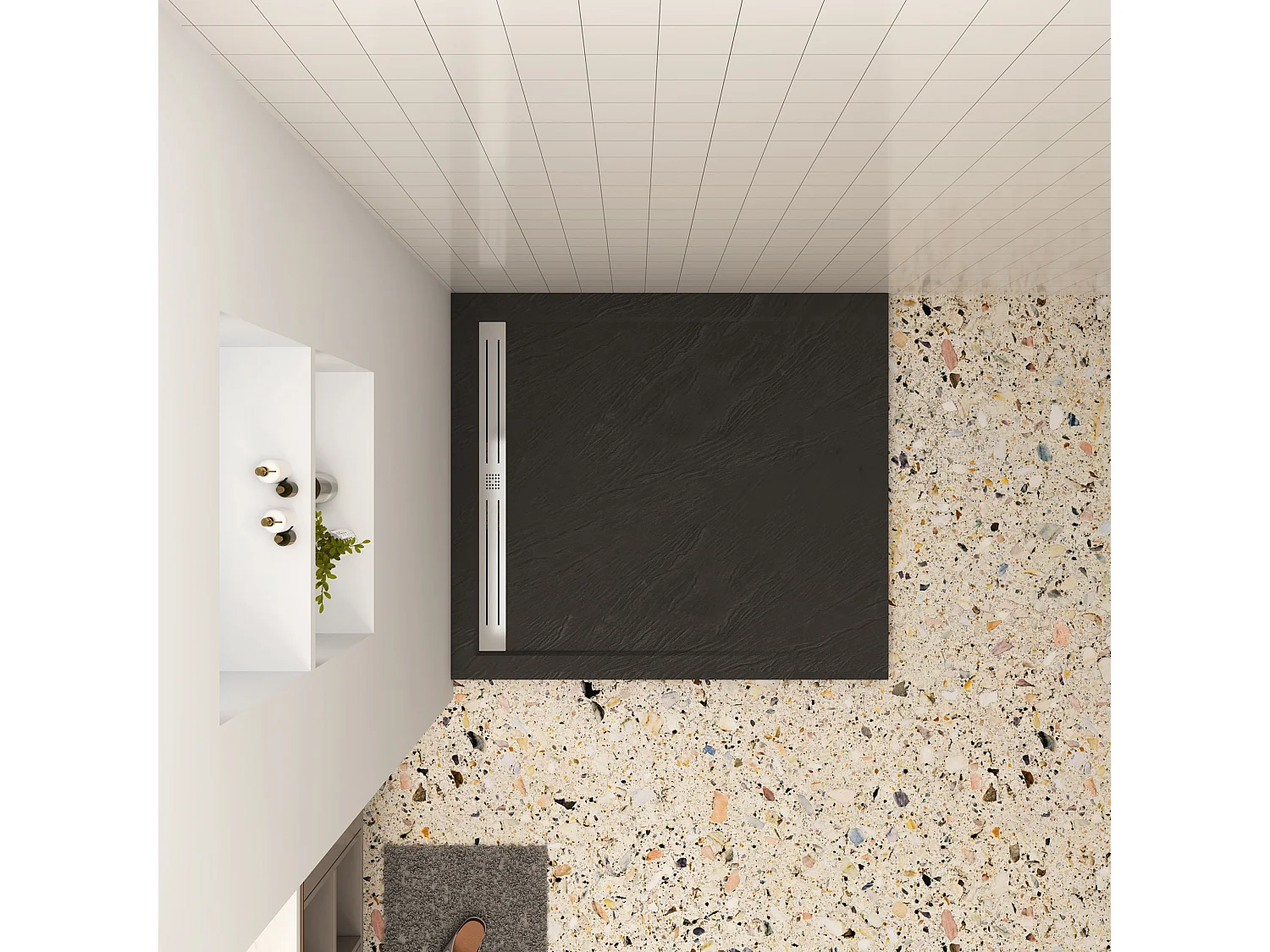 Aica 80x80x3cm zwart douchebak, vierkant，gemaakt van een mengsel van natuursteen en hars, antislip, antibacterieel, met douchegoot rooster en afvoer