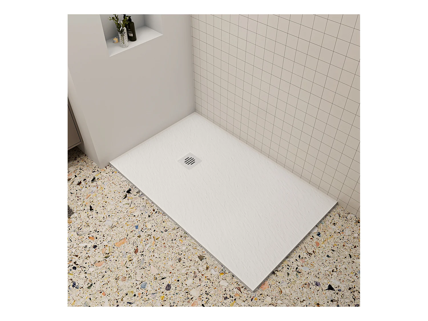 Aica 90x120x3cm witte douchebak (Slate leisteenlook),rechthoekige，gemaakt mengsel van natuursteen en hars,antislip,antibacterieel plastic douchegoot rooster