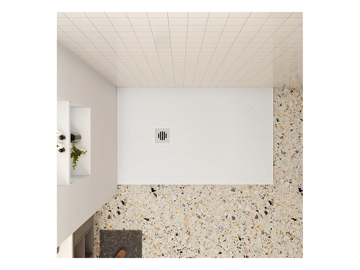 Aica 90x100x3cm witte douchebak (Slate leisteenlook),rechthoekige，gemaakt mengsel van natuursteen en hars,antislip,antibacterieel Roestvrij staal douchegoot rooster