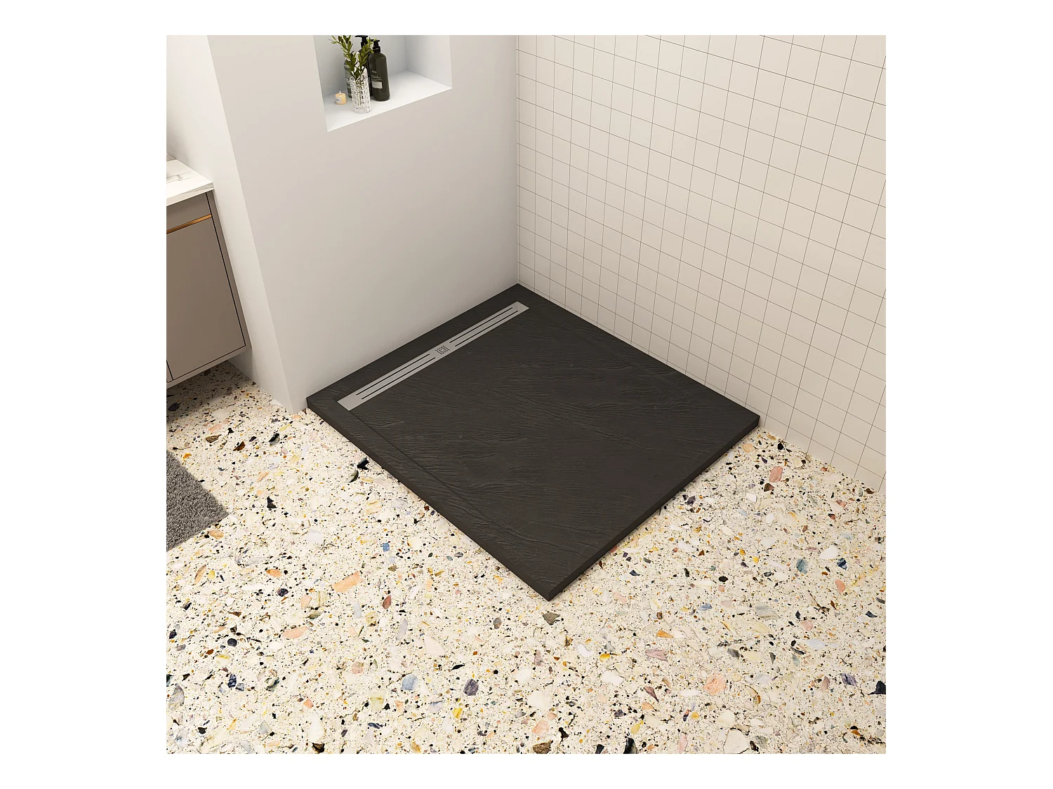 Aica 80x80x3cm zwart douchebak, vierkant，gemaakt van een mengsel van natuursteen en hars, antislip, antibacterieel, met douchegoot rooster