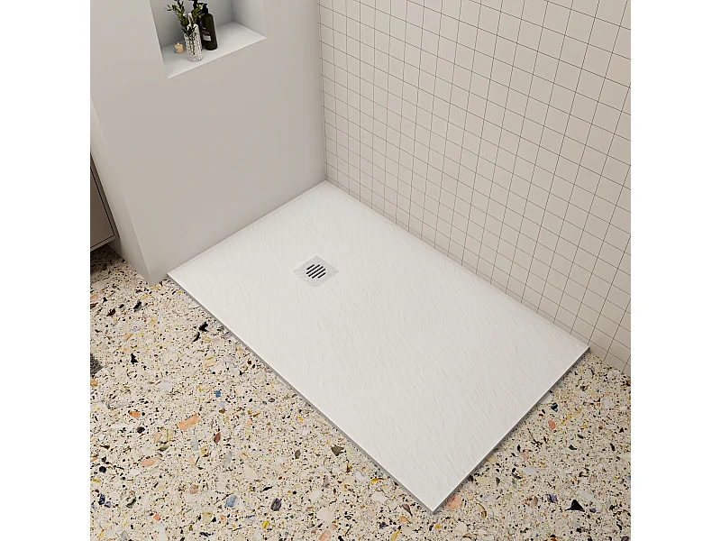 Aica 90x140x3cm witte douchebak (Slate leisteenlook),rechthoekige，gemaakt mengsel van natuursteen en hars,antislip,antibacterieel Roestvrij staal douchegoot rooster