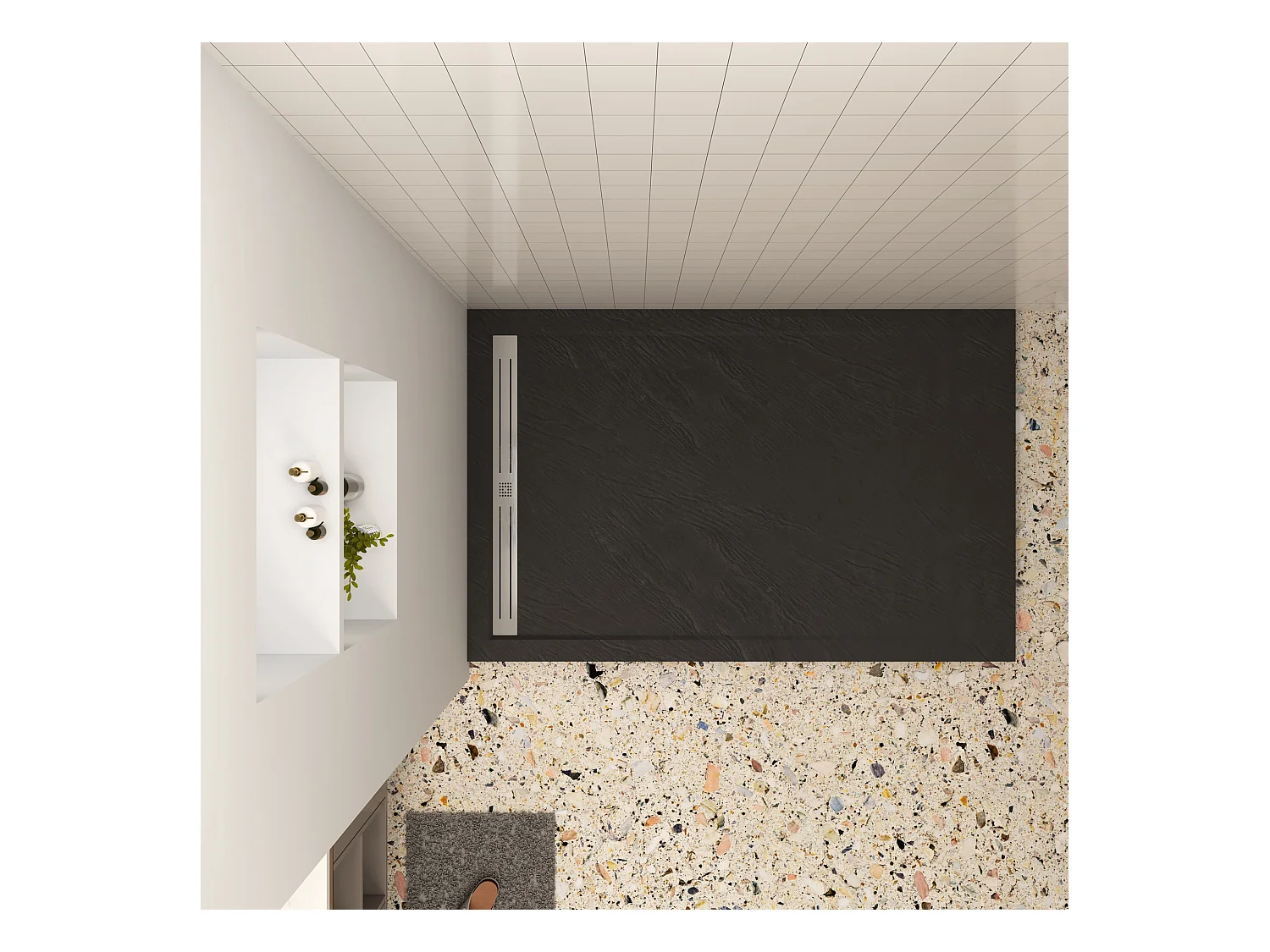 Aica 70x90x3cm zwart douchebak, rechthoek，gemaakt van een mengsel van natuursteen en hars, antislip, antibacterieel, met douchegoot rooster