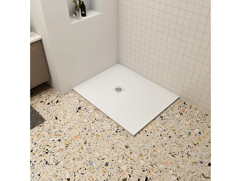 Aica 80x120x3cm witte douchebak (Slate leisteenlook),rechthoekige，gemaakt mengsel van natuursteen en hars,antislip,antibacterieel plastic douchegoot rooster