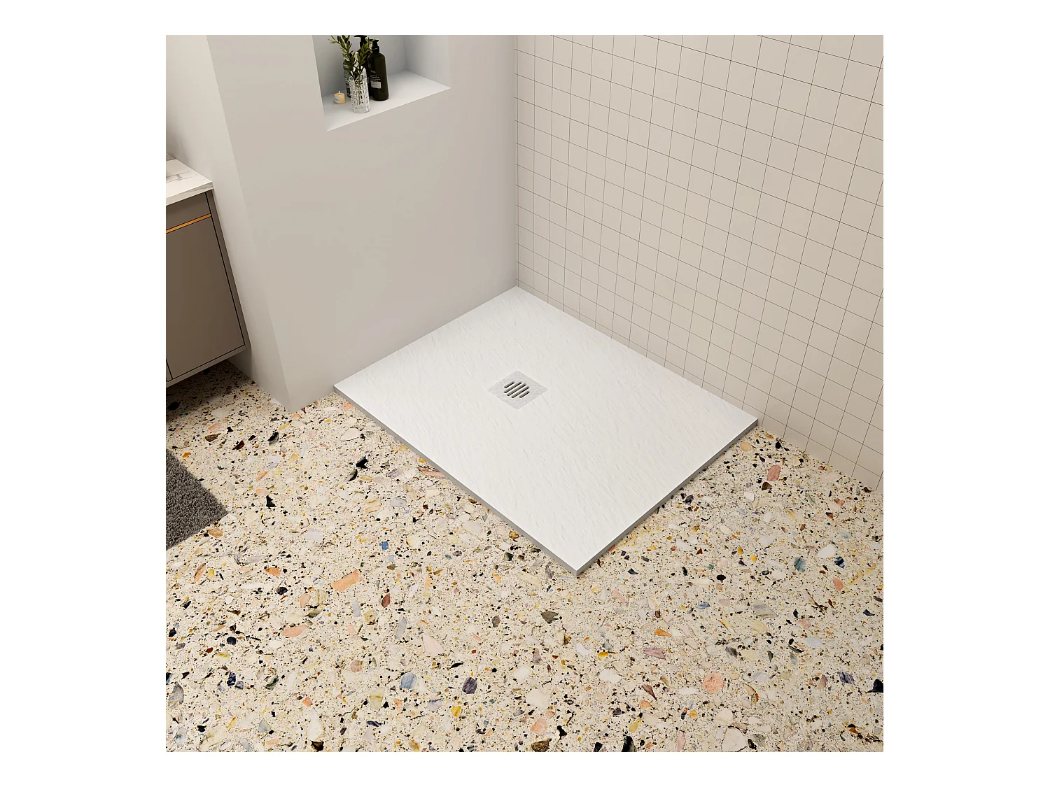 Aica 80x120x3cm witte douchebak (Slate leisteenlook),rechthoekige，gemaakt mengsel van natuursteen en hars,antislip,antibacterieel plastic douchegoot rooster