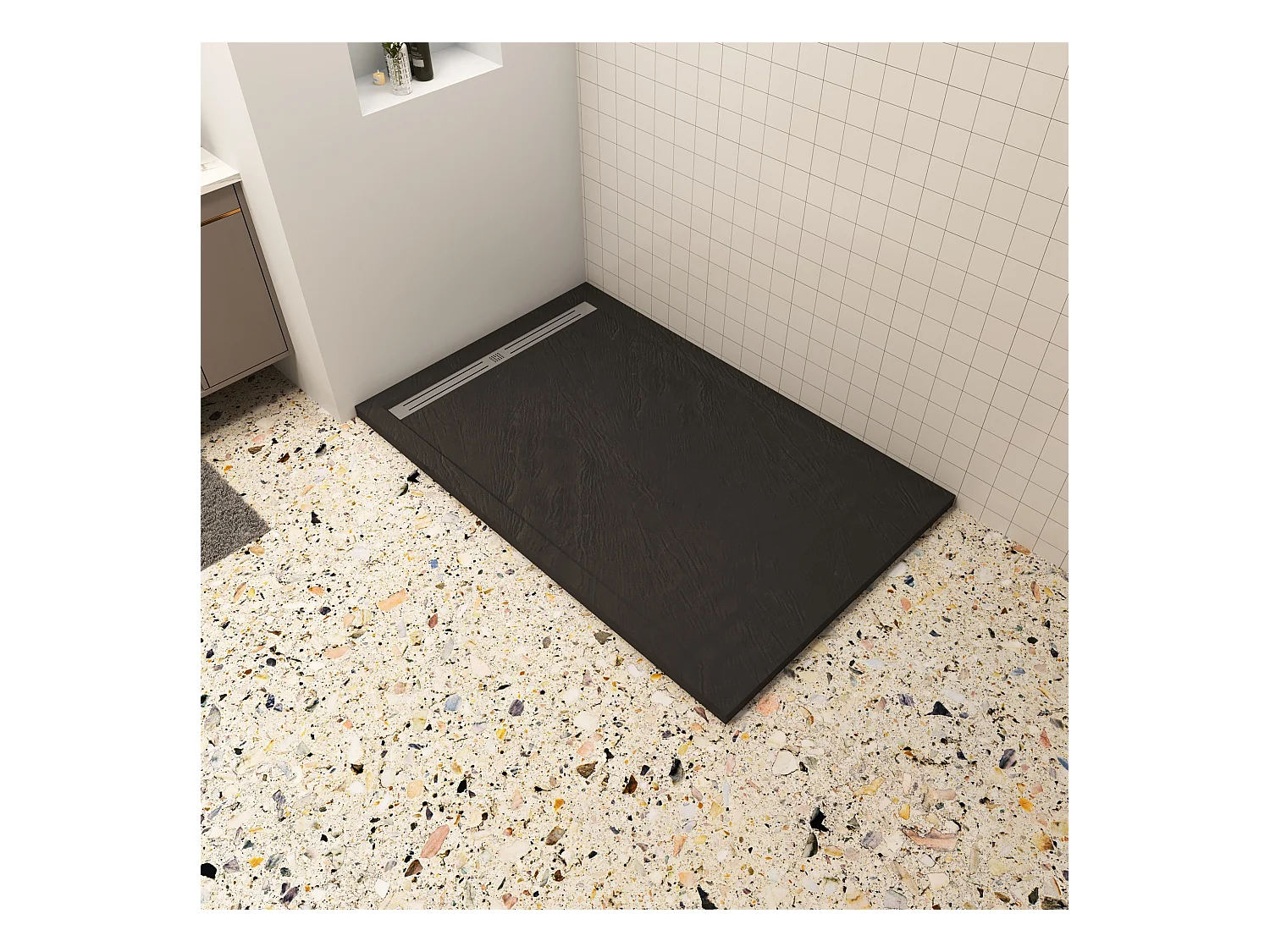 Aica 70x90x3cm zwart douchebak, rechthoek，gemaakt van een mengsel van natuursteen en hars, antislip, antibacterieel, met douchegoot rooster en afvoer