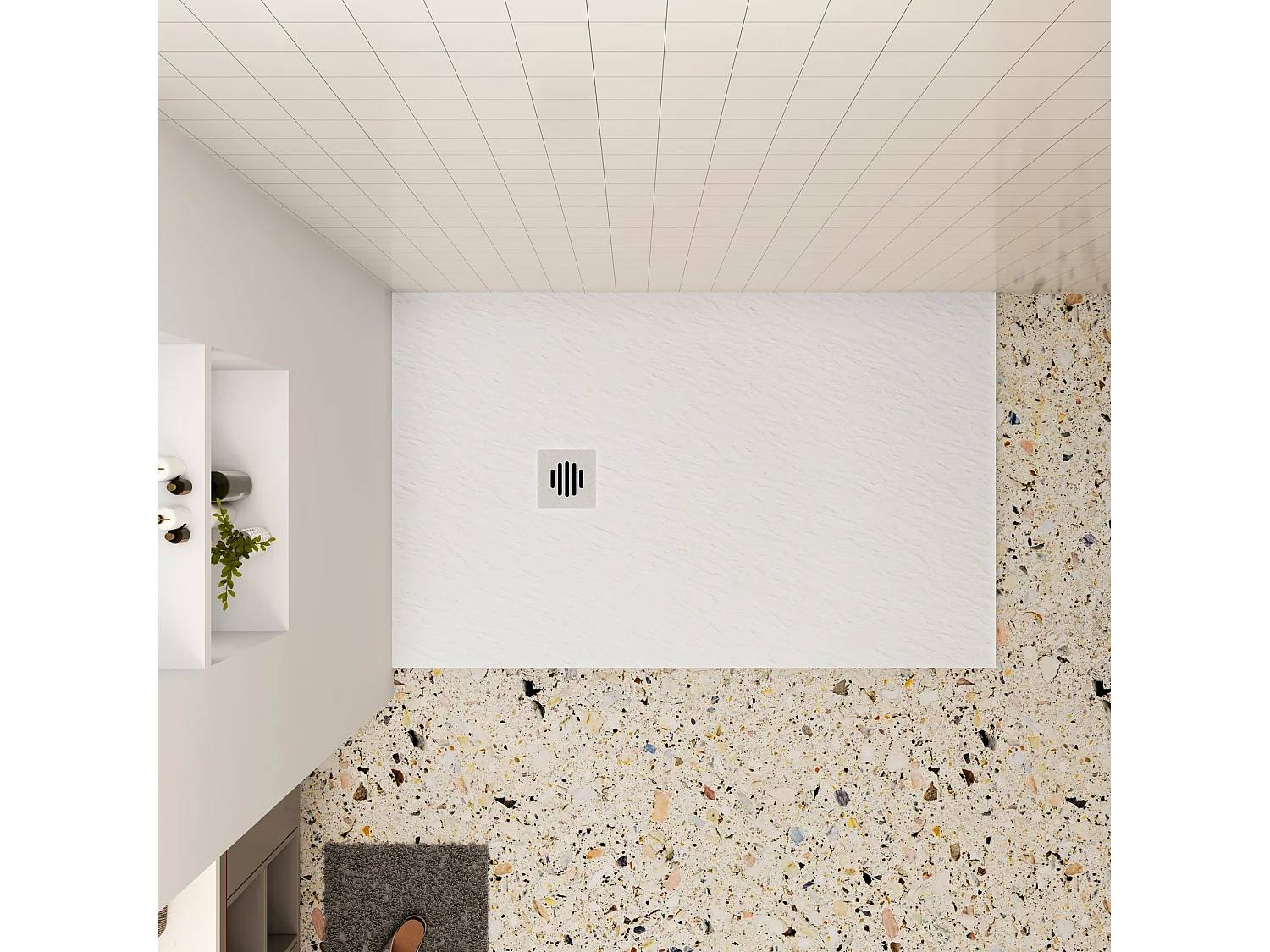 Aica 90x100x3cm witte douchebak (Slate leisteenlook), rechthoekige，gemaakt mengsel van natuursteen en hars, antislip, antibacterieel, met plastic Afvoerset