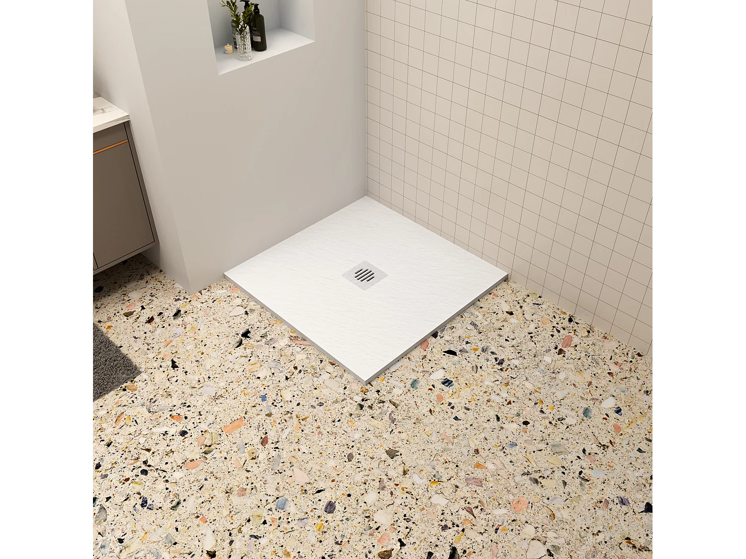 Aica 80x80x3cm witte douchebak (Slate leisteenlook),vierkant，gemaakt mengsel van natuursteen en hars,antislip,antibacterieel plastic douchegoot rooster