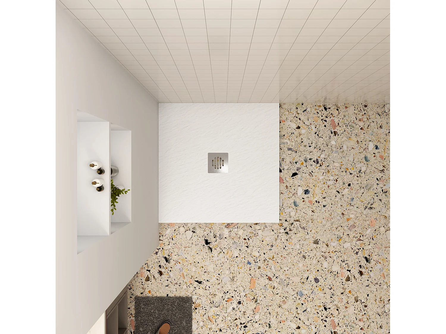 Aica 80x80x3cm witte douchebak (Slate leisteenlook), vierkant，gemaakt mengsel van natuursteen en hars, antislip, antibacterieel, met Roestvrij Afvoerset
