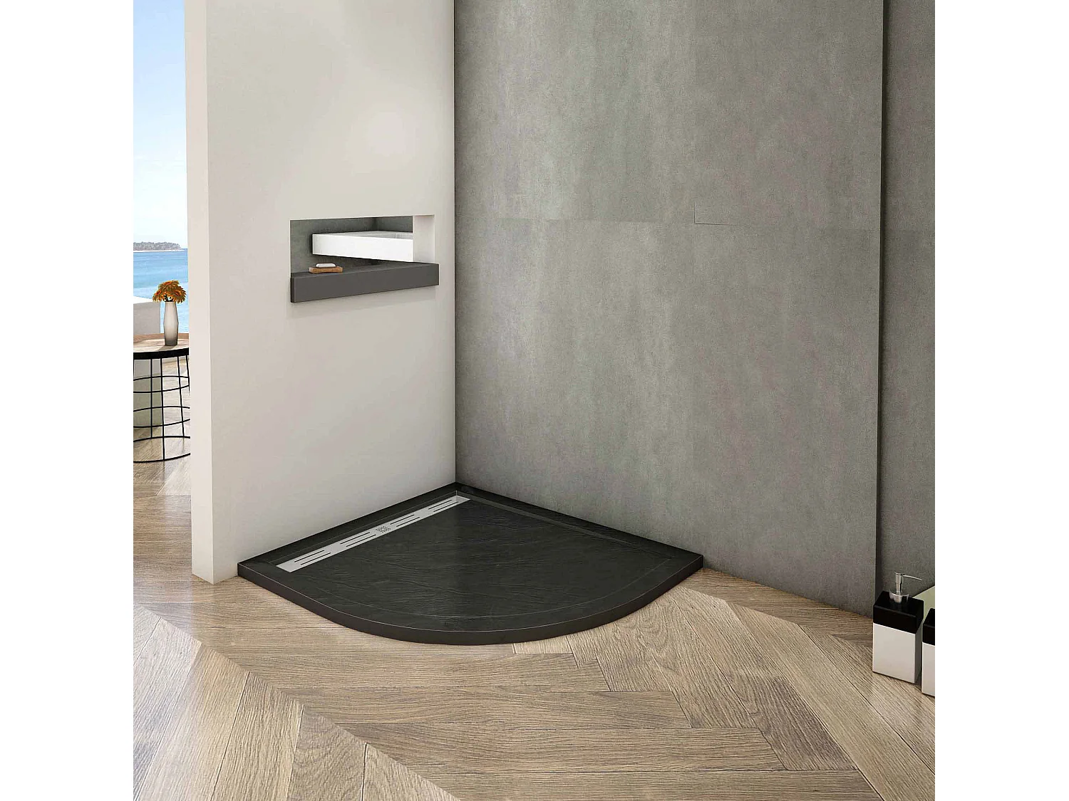 Aica 90x90x3cm zwart douchebak, gebogen，gemaakt van een mengsel van natuursteen en hars, antislip, antibacterieel, met douchegoot rooster