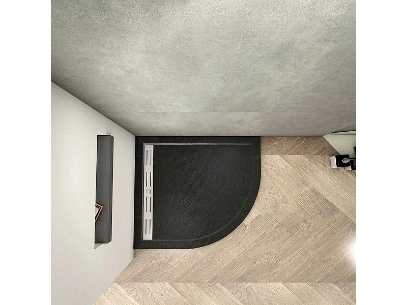 Aica 90x90x3cm zwart douchebak, gebogen，gemaakt van een mengsel van natuursteen en hars, antislip, antibacterieel, met douchegoot rooster