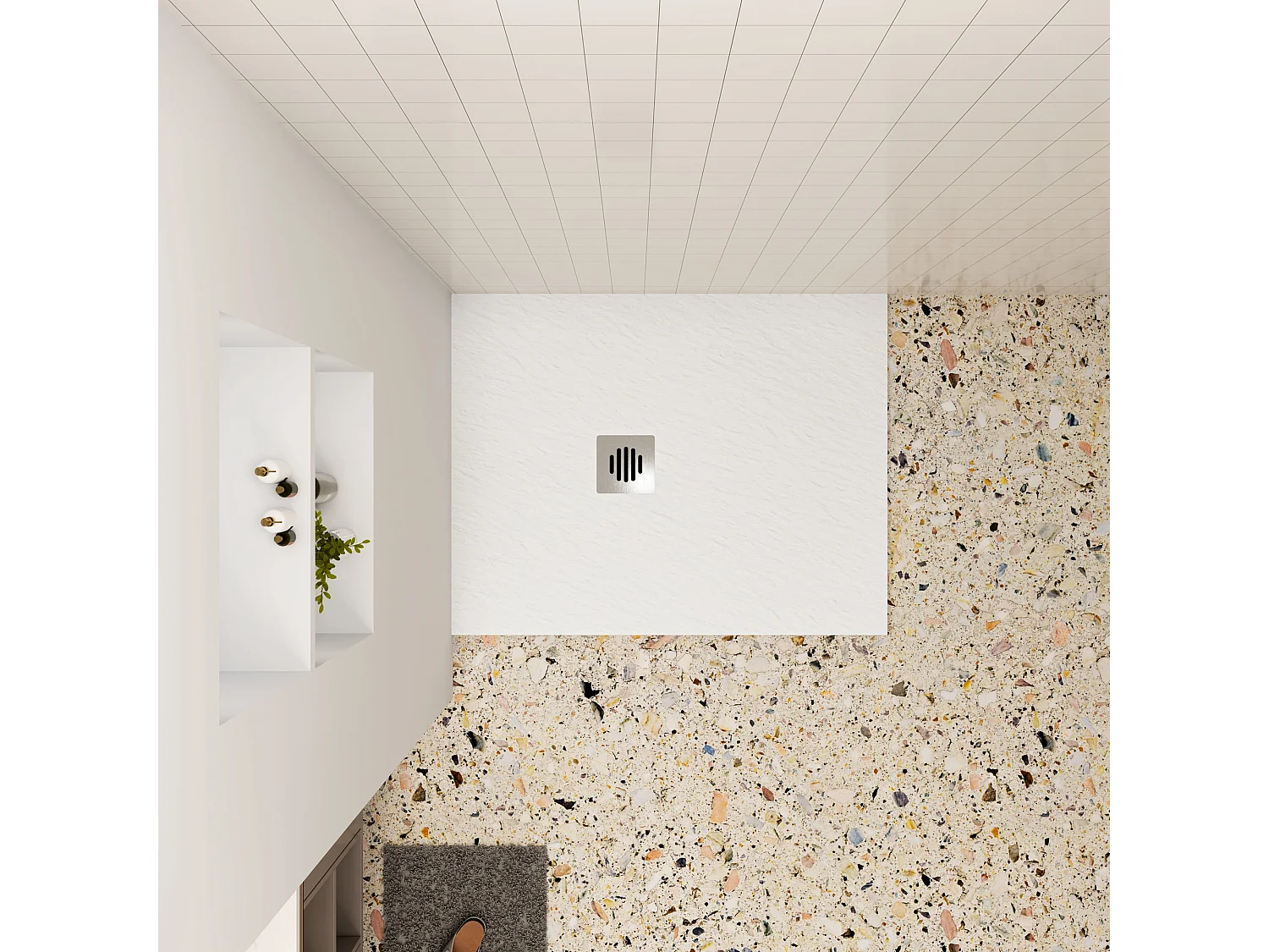 Aica 80x100x3cm witte douchebak (Slate leisteenlook),rechthoekige，gemaakt mengsel van natuursteen en hars,antislip,antibacterieel Roestvrij staal douchegoot rooster