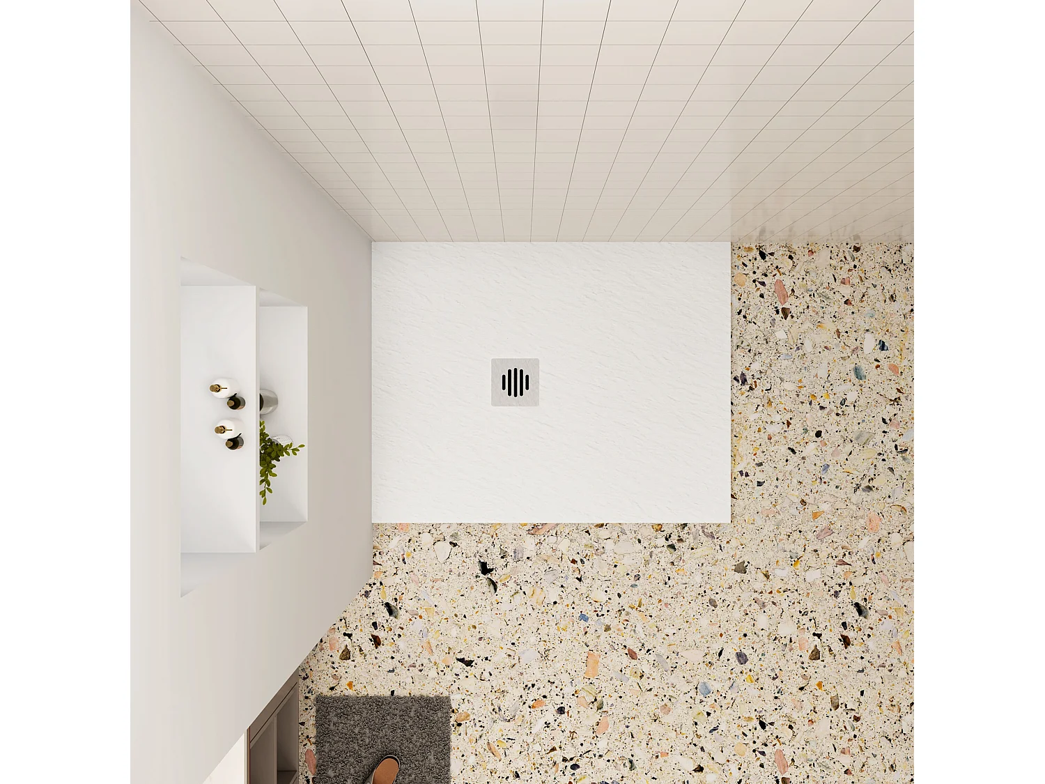 Aica 80x140x3cm witte douchebak (Slate leisteenlook),rechthoekige，gemaakt mengsel van natuursteen en hars,antislip,antibacterieel plastic douchegoot rooster