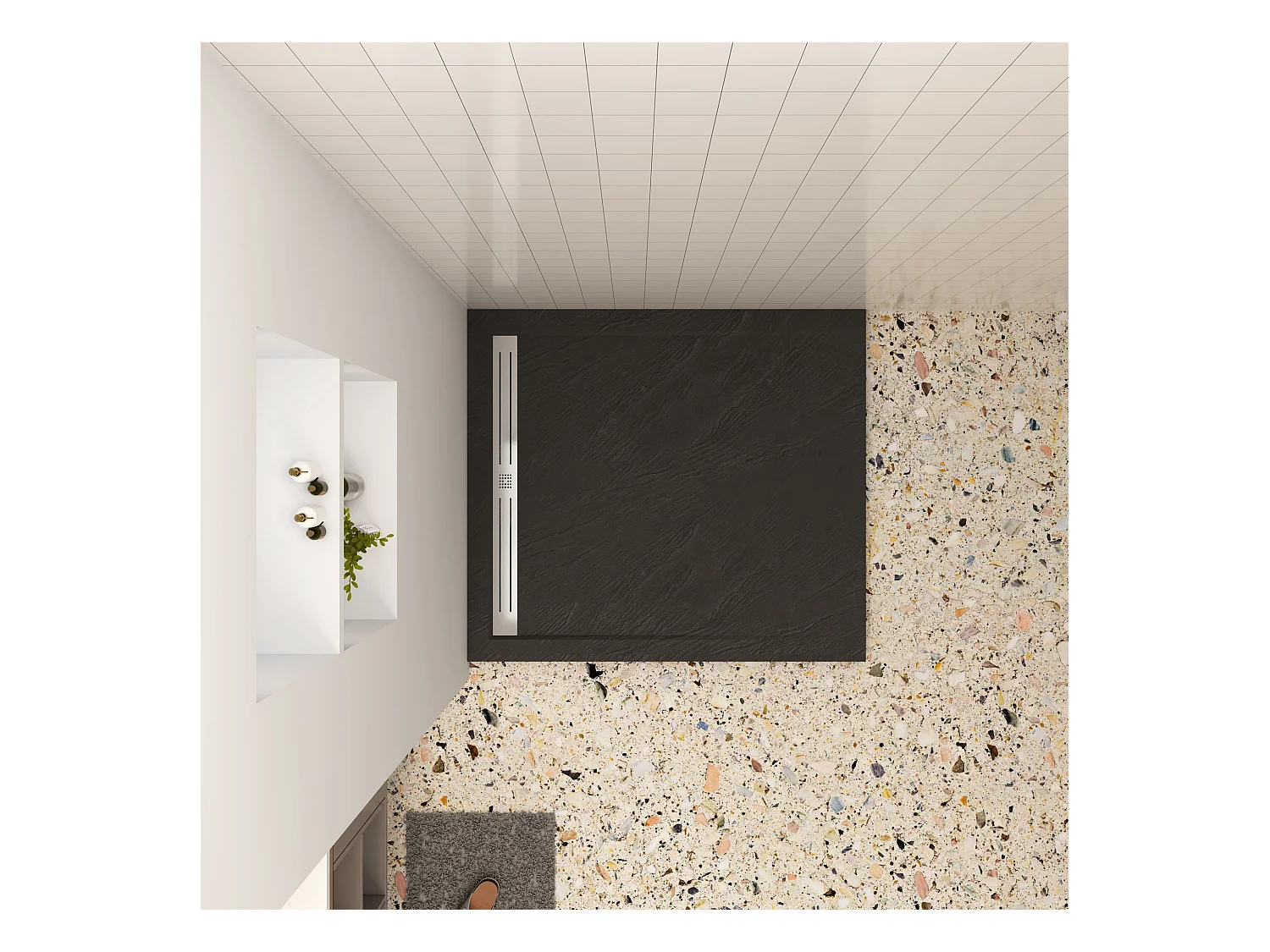 Aica 90x90x3cm zwart douchebak, vierkant，gemaakt van een mengsel van natuursteen en hars, antislip, antibacterieel, met douchegoot rooster en afvoer