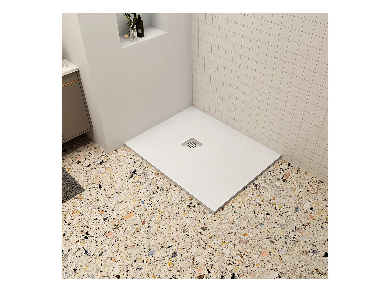 Aica 80x100x3cm witte douchebak (Slate leisteenlook), rechthoekige，gemaakt mengsel van natuursteen en hars antislip, antibacterieel, met Roestvrij Afvoerset