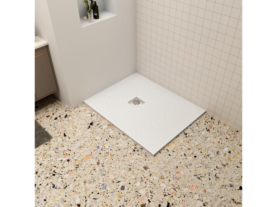 Aica 80x100x3cm witte douchebak (Slate leisteenlook), rechthoekige，gemaakt mengsel van natuursteen en hars antislip, antibacterieel, met Roestvrij Afvoerset