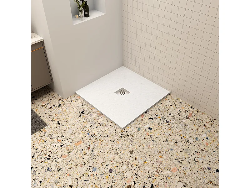 Aica 90x90x3cm witte douchebak (Slate leisteenlook),vierkant，gemaakt mengsel van natuursteen en hars,antislip,antibacterieel Roestvrij staal douchegoot rooster