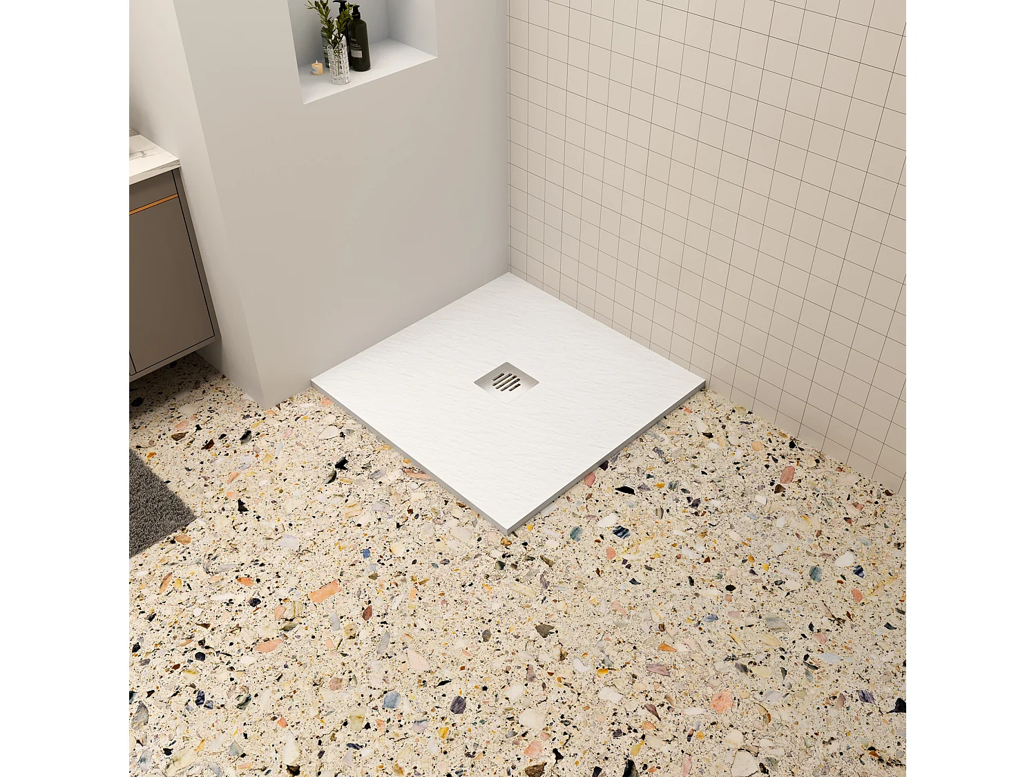 Aica 90x90x3cm witte douchebak (Slate leisteenlook),vierkant，gemaakt mengsel van natuursteen en hars,antislip,antibacterieel Roestvrij staal douchegoot rooster