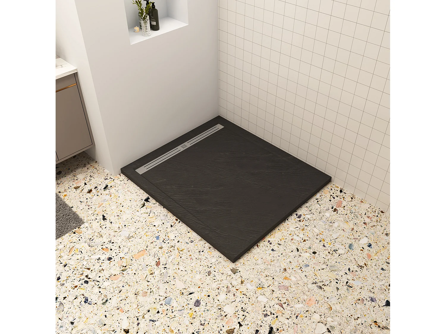 Aica 100x100x3cm zwart douchebak, vierkant，gemaakt van een mengsel van natuursteen en hars, antislip, antibacterieel, met douchegoot rooster en afvoer