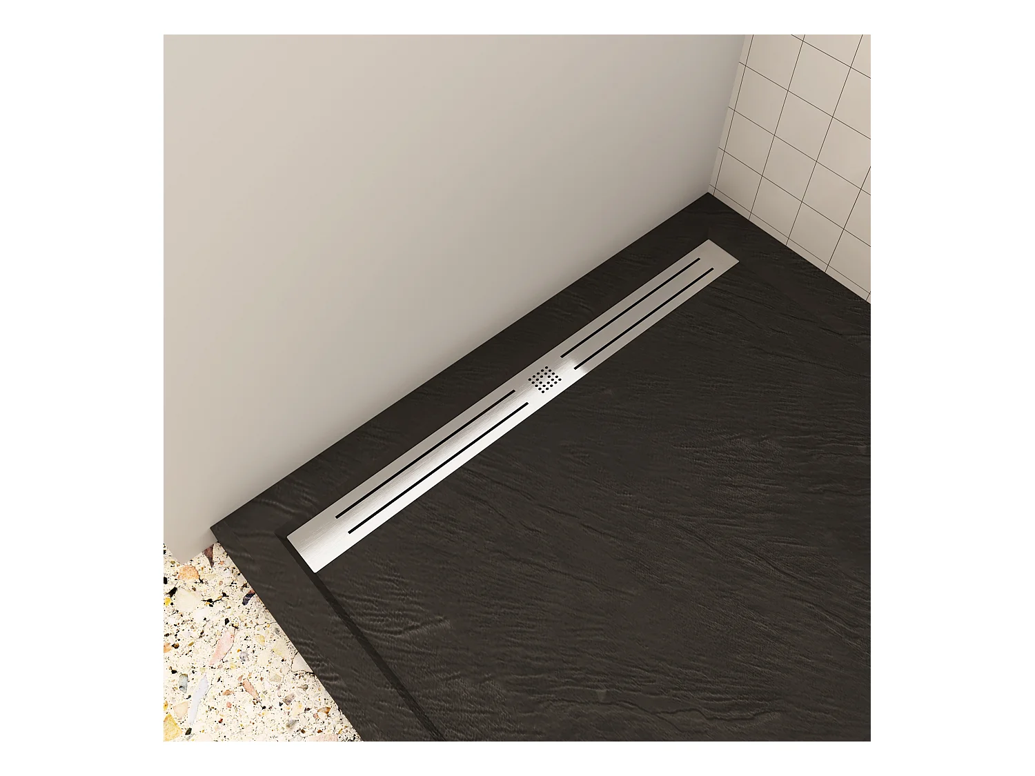 Aica 90x120x3cm zwart douchebak, rechthoek，gemaakt van een mengsel van natuursteen en hars, antislip, antibacterieel, met douchegoot rooster