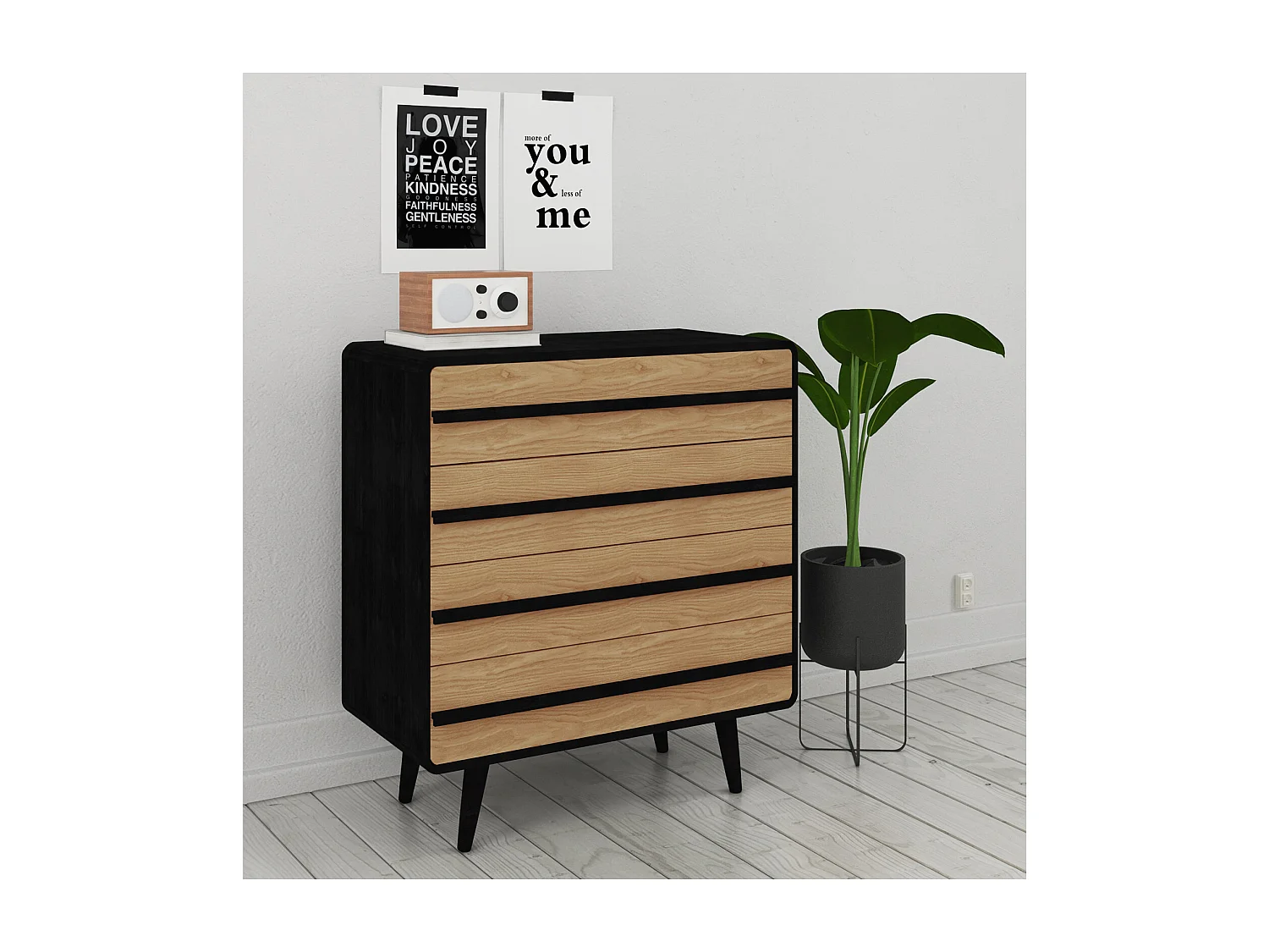 Chantal | Commode à 4 tiroirs en aggloméré nature et noir