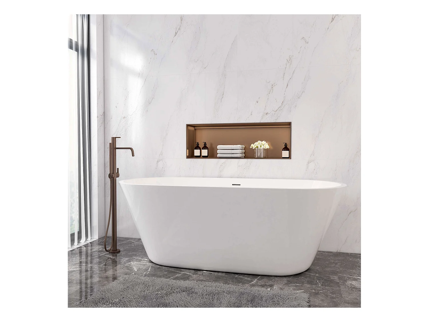 AICA L:170xB:80xH:58 cm  Vrijstaand Bad Ovaal in mat wit acryl, met overloop en afvoer