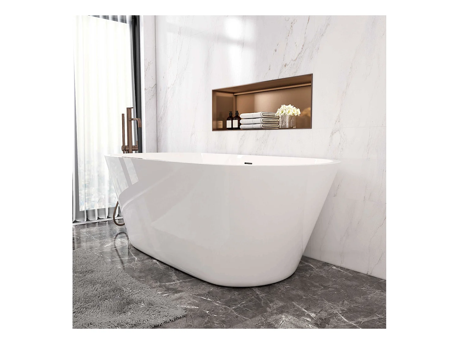 AICA L:170xB:80xH:58 cm  Vrijstaand Bad Ovaal in mat wit acryl, met overloop en afvoer