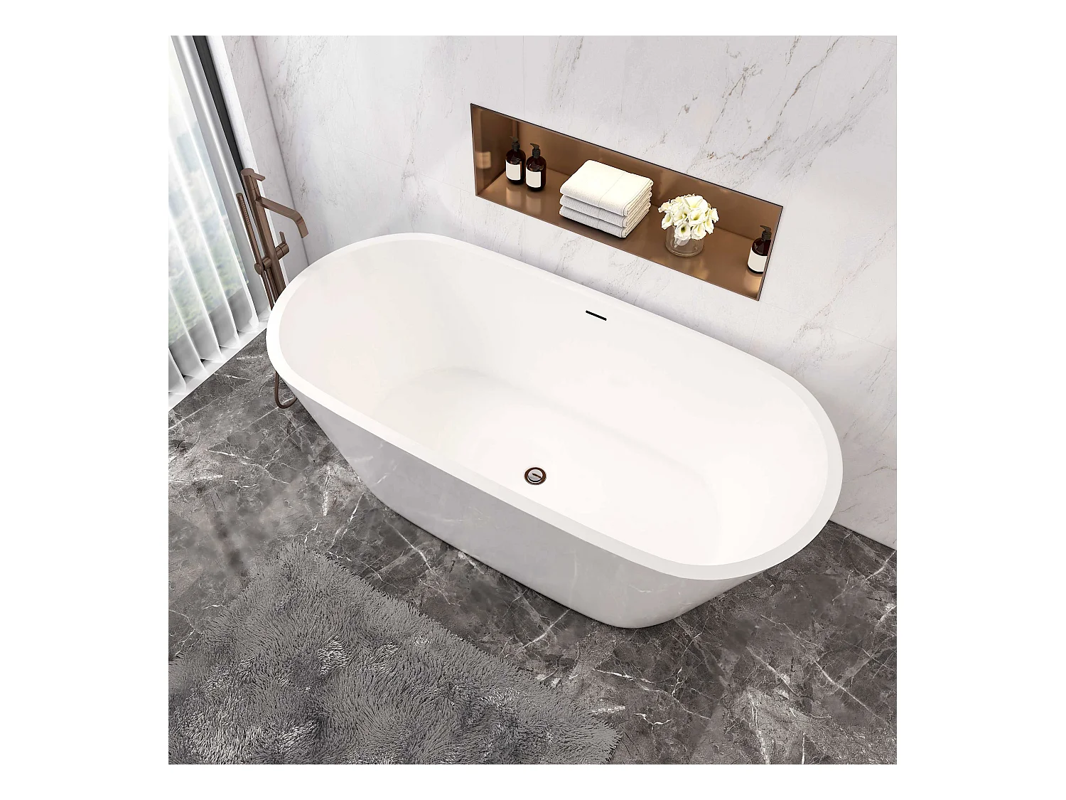 AICA L:170xB:80xH:58 cm  Vrijstaand Bad Ovaal in mat wit acryl, met overloop en afvoer
