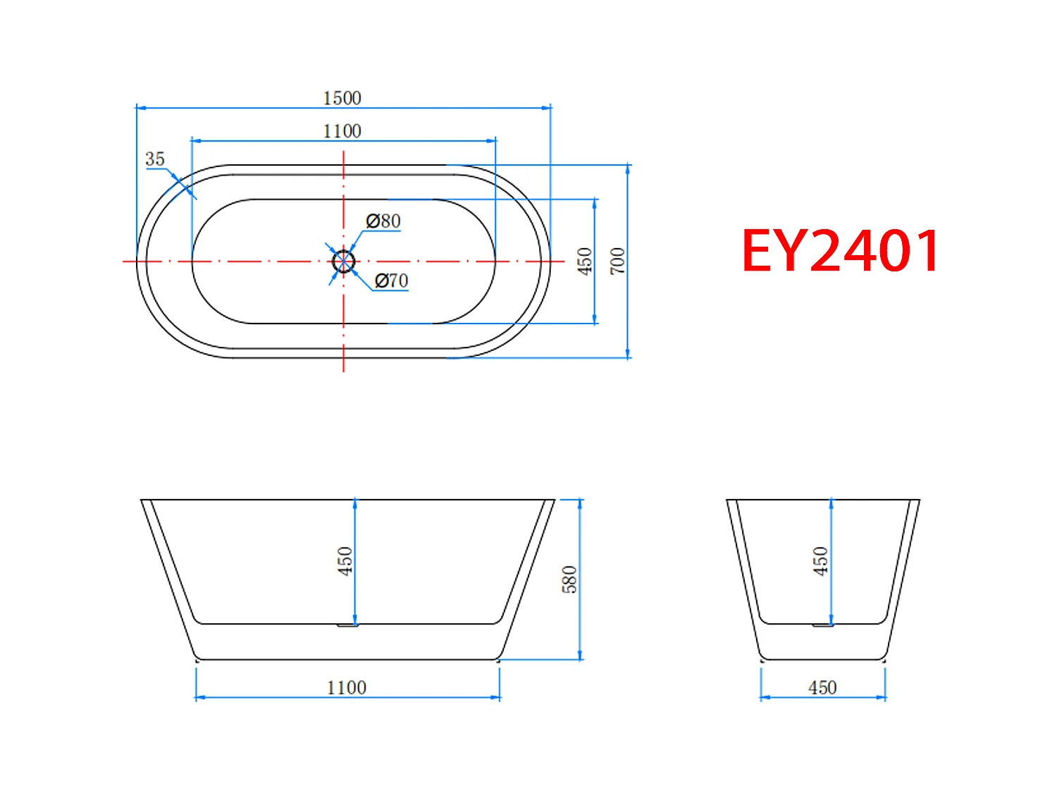 AICA L:170xB:80xH:58 cm  Vrijstaand Bad Ovaal in mat wit acryl, met overloop en afvoer