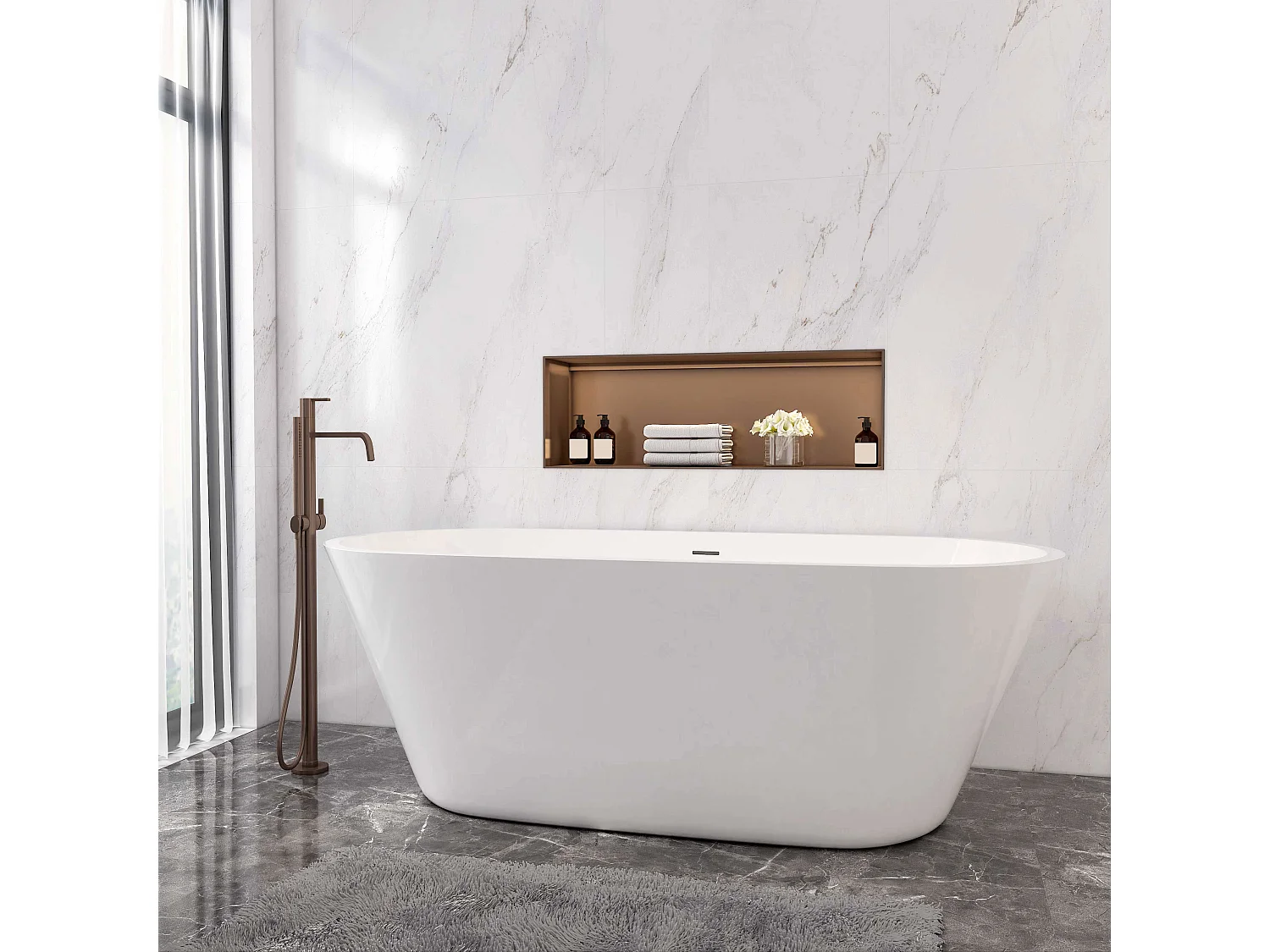 AICA L:170xB:80xH:58 cm  Vrijstaand Bad Ovaal in mat wit acryl, met overloop en afvoer