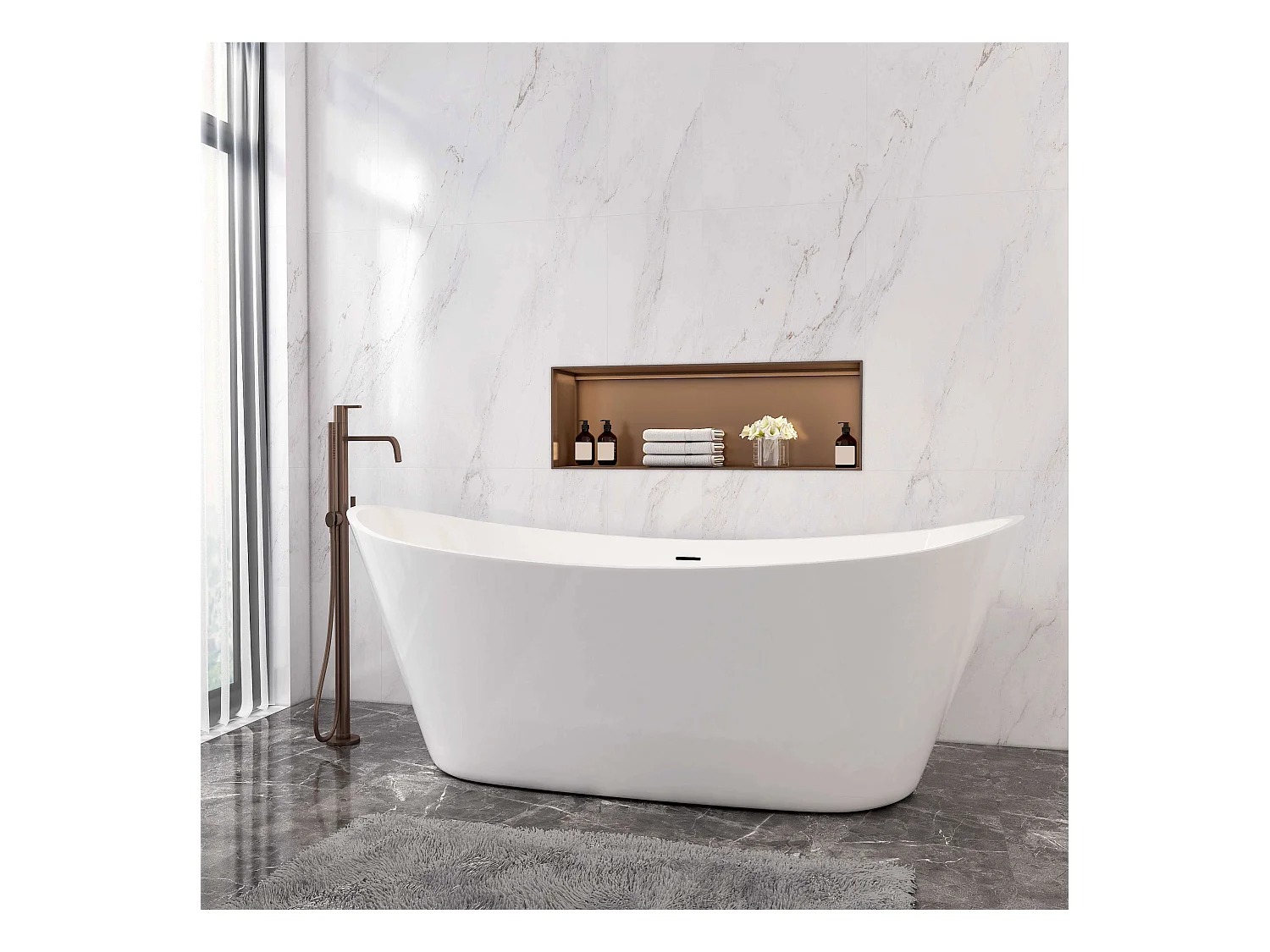 AICA L:170xB:72xH:65 cm, ovaal vrijstaand bad met twee rugleuningen mat wit acryl， met overloop en afvoer