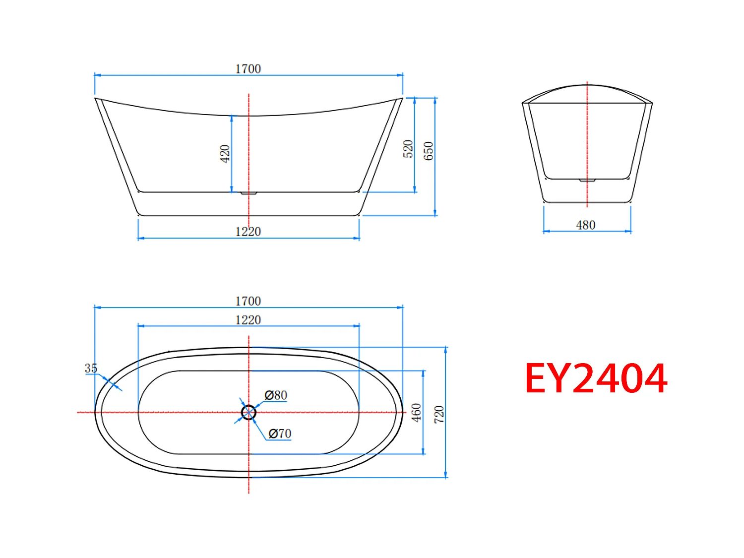 AICA L:170xB:72xH:65 cm, ovaal vrijstaand bad met twee rugleuningen mat wit acryl， met overloop en afvoer