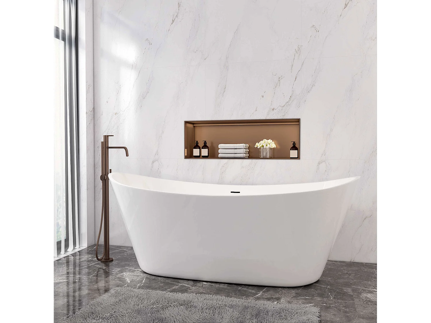 AICA L:170xB:72xH:65 cm, ovaal vrijstaand bad met twee rugleuningen mat wit acryl， met overloop en afvoer