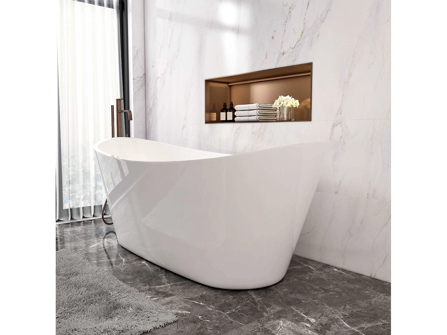 AICA L:170xB:72xH:65 cm, ovaal vrijstaand bad met twee rugleuningen mat wit acryl， met overloop en afvoer