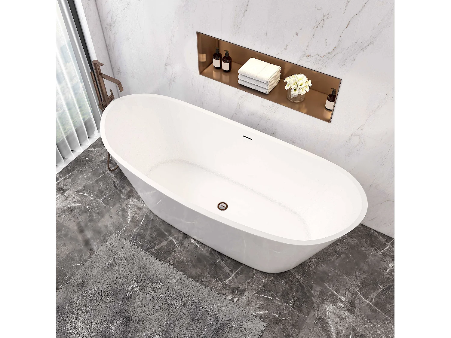 AICA L:170xB:72xH:65 cm, ovaal vrijstaand bad met twee rugleuningen mat wit acryl， met overloop en afvoer