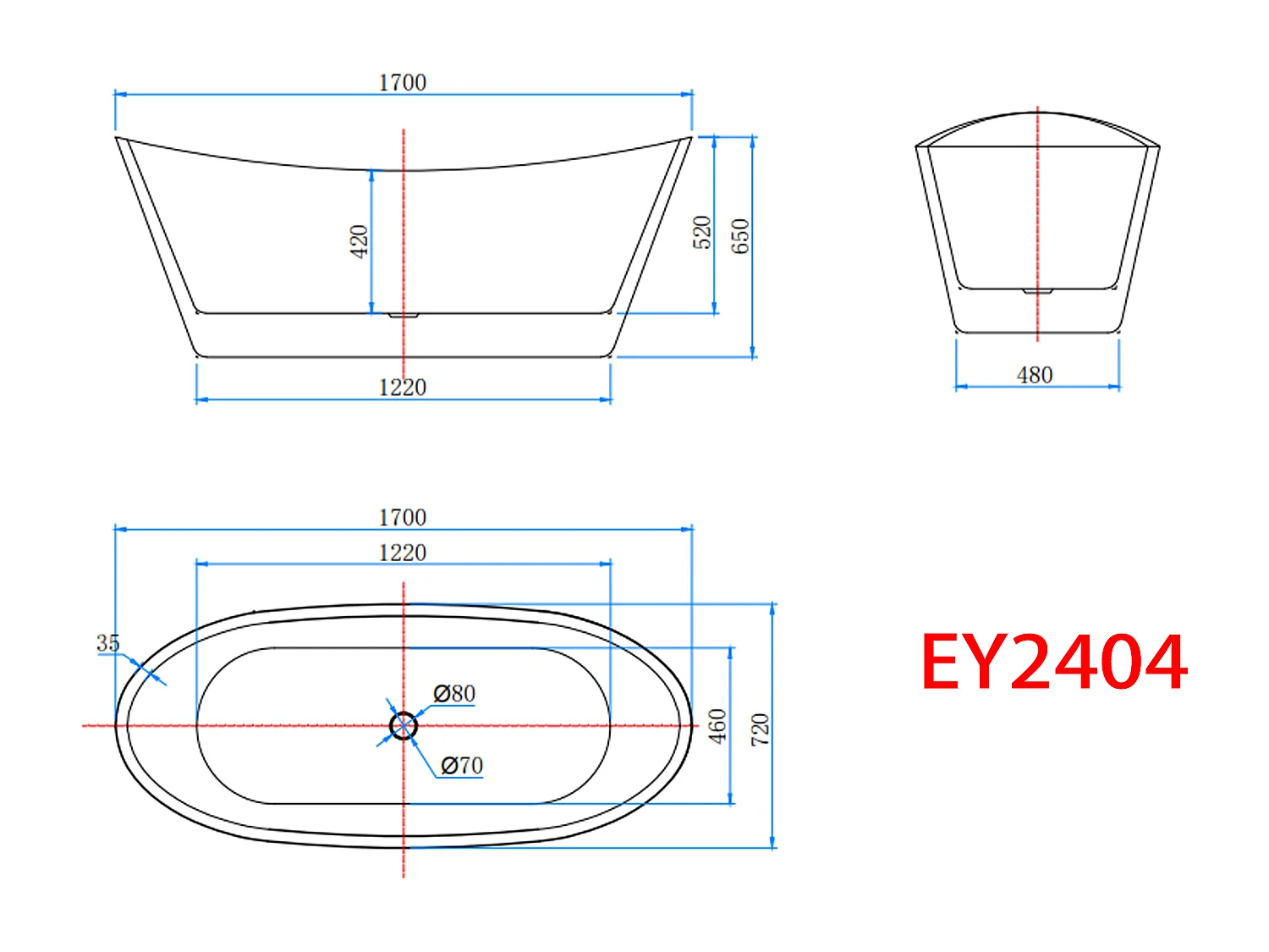 AICA L:170xB:72xH:65 cm, ovaal vrijstaand bad met twee rugleuningen mat wit acryl， met overloop en afvoer